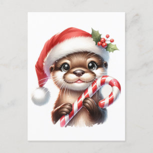 Carte Postale Adorable Otter de Noël à Santa Hat avec bonbon