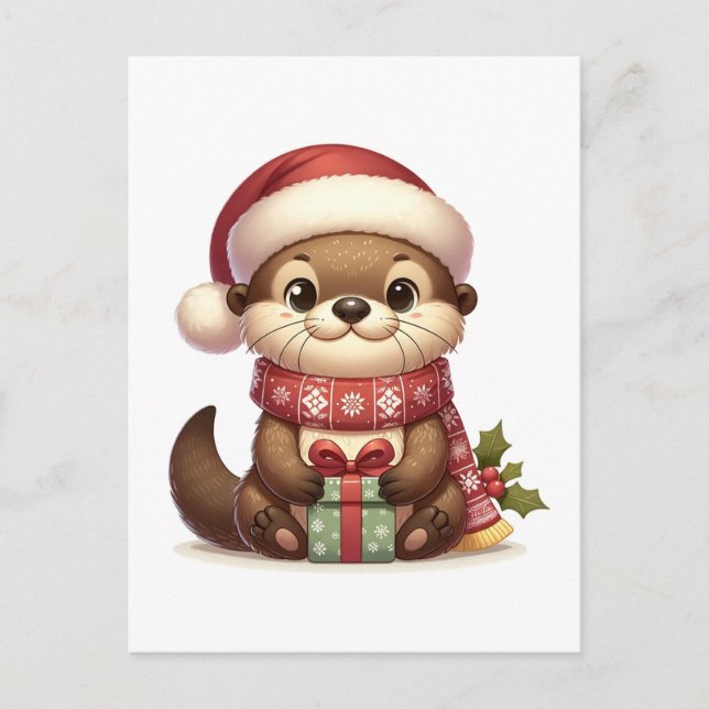 Carte Postale Adorable Otter de Noël à Santa Hat avec présent (Devant)