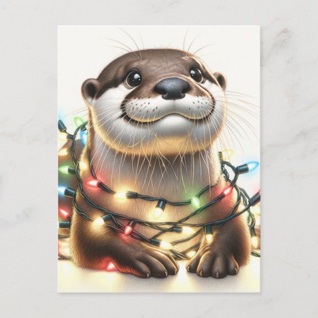 Carte Postale Adorable Otter De Noël Avec Lumières (Devant)
