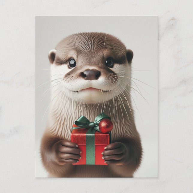 Carte Postale Adorable Otter de Noël avec présent (Devant)