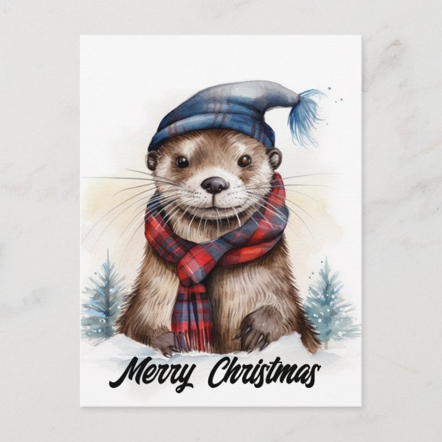 Carte Postale Adorable Otter de Noël Casquette bleu Écharpe roug (Devant)