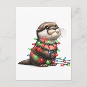 Carte Postale Adorable Otter de Noël enveloppé dans les lumières