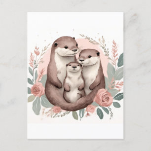 Carte Postale Adorable Otter Famille Sage et Dusty Rose Boho