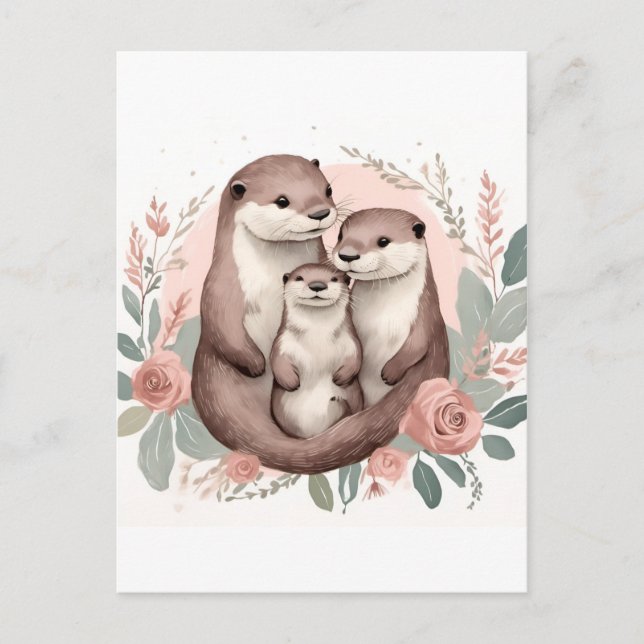 Carte Postale Adorable Otter Famille Sage et Dusty Rose Boho (Devant)