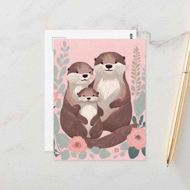 Carte Postale Adorable Otter Family (Devant/Arrière en situation)