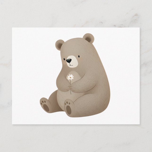 Carte Postale Adorable Ours Brun à la Marguerite – Illustration  (Devant)