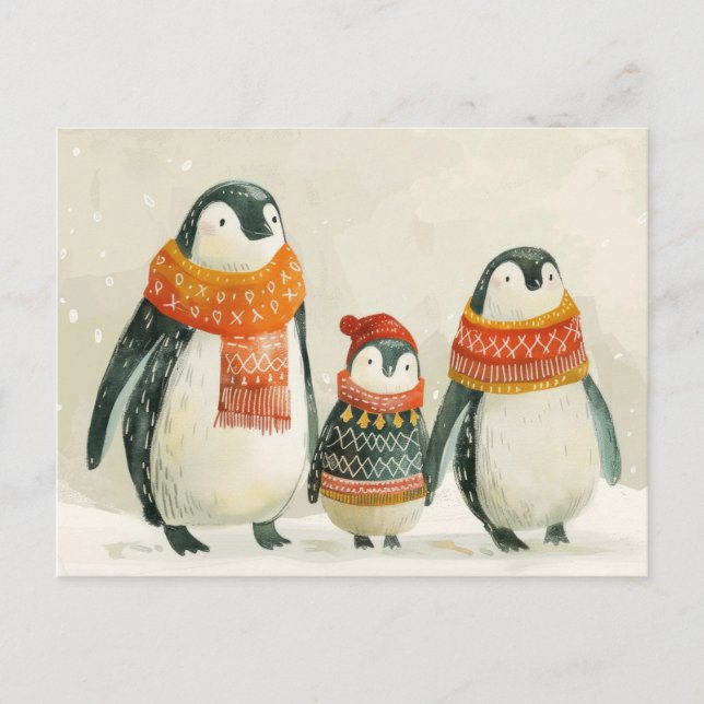 Carte Postale Adorable Penguin famille aquarelle Nouvel An (Devant)