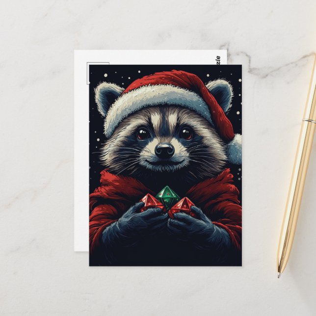 Carte Postale Adorable Père Noël Raccoon (Devant/Arrière en situation)