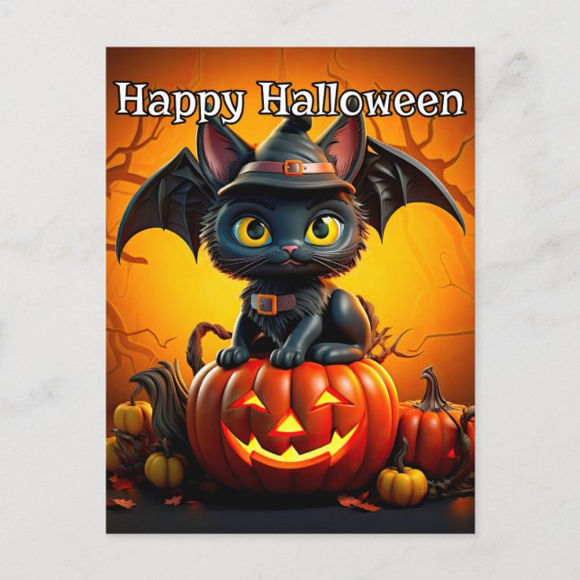 Carte Postale Adorable Petit chat Kitty noir | Bonne Halloween (Devant)