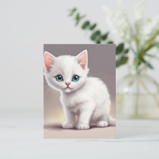 Carte Postale adorable petit chaton blanc (Debout devant)