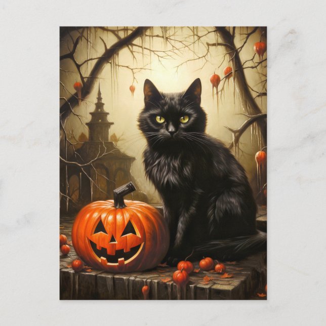 Carte Postale Adorable Petit Kitty Chat Sorcière | Bonne Hallowe (Devant)