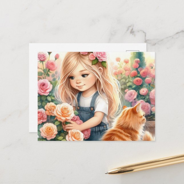 Carte Postale Adorable Petite Fille cueillir Roses avec Ginger C (Devant/Arrière en situation)