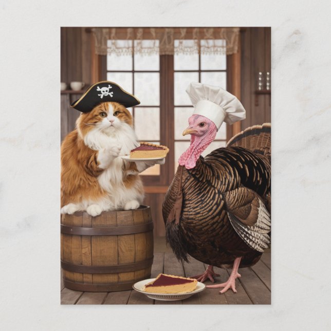 Carte Postale Adorable Pirate Kitty et Dinde Tarte de Thanksgivi (Devant)