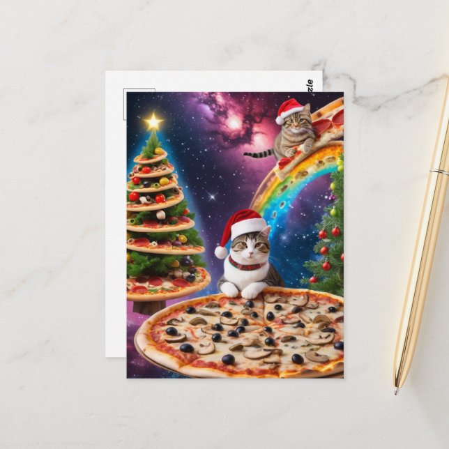 Carte Postale adorable Pizza Cats de Noël (Devant/Arrière en situation)