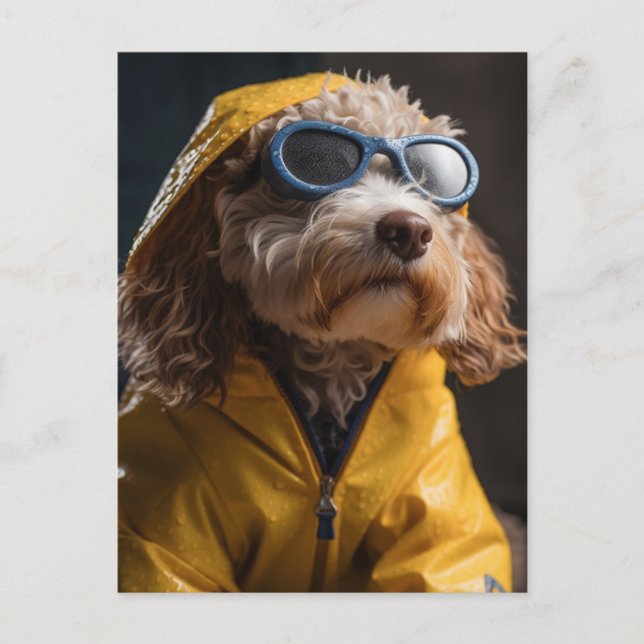 Carte Postale Adorable Poodé Mélanger chien dans un imperméable  (Devant)