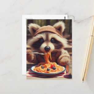 Carte Postale Adorable Raccoon Mange Spaghetti
