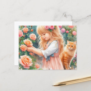 Carte Postale Adorable Roses de cueillette d'enfants avec Ginger