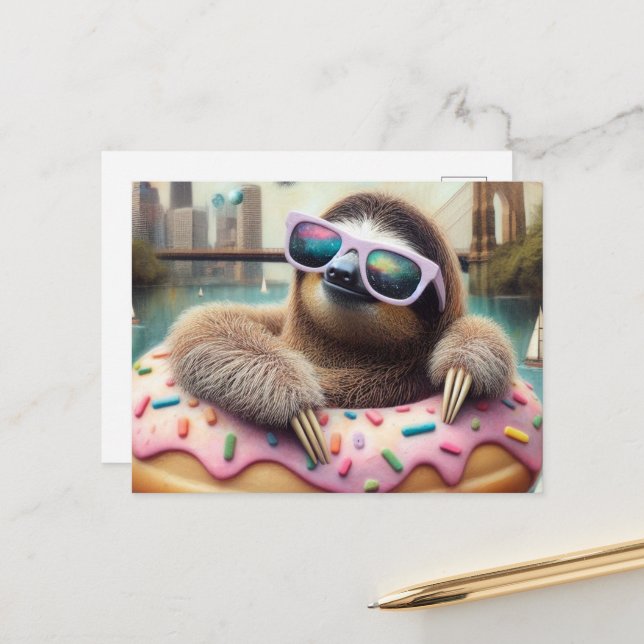 Carte Postale Adorable Sloth flottant dans un écrou (Devant/Arrière en situation)