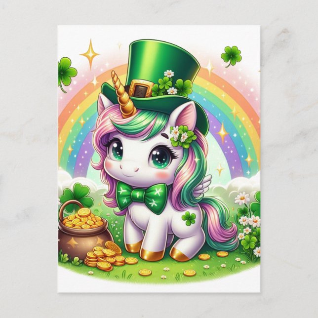Carte Postale Adorable St. Patricks Day Unicorn Rainbow Gold (Devant)