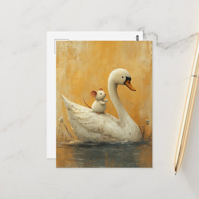 Carte Postale Adorable Swan et souris amis (Devant/Arrière en situation)
