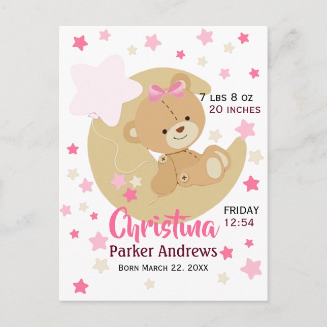 Carte Postale Adorable Teddy Bear Baby Girl Stats de naissance (Devant)