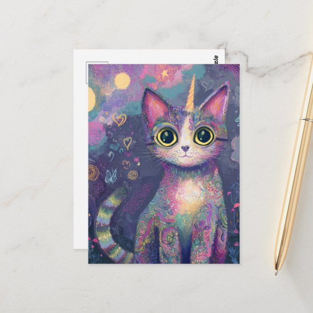 Carte Postale Adorable Unicorn Kitty Imaginaire Art (Devant/Arrière en situation)