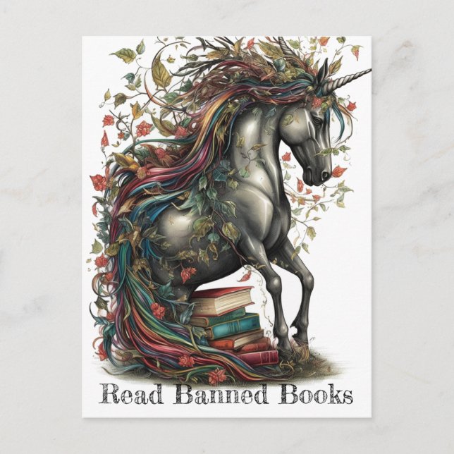 Carte Postale Adorable Unicorn Lire Livres Interdits (Devant)