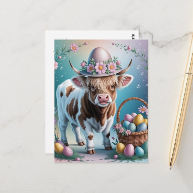 Carte Postale Adorable Vache Brown de Pâques tachetée (Devant/Arrière en situation)