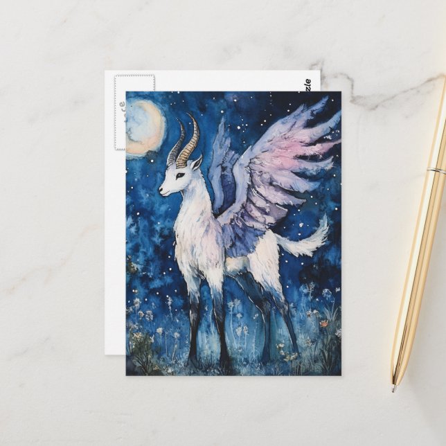 Carte Postale Adorable Winged Fantasy Goat Full Moon (Devant/Arrière en situation)