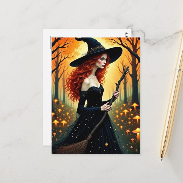 Carte Postale Adorable Witch in Autumn Forest (Devant/Arrière en situation)