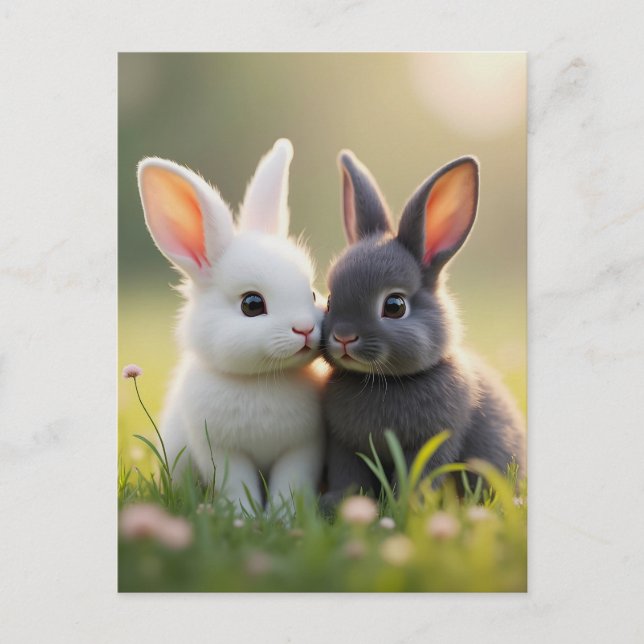 Carte Postale Adorables bébés lapins blancs et noirs dans un pré (Devant)