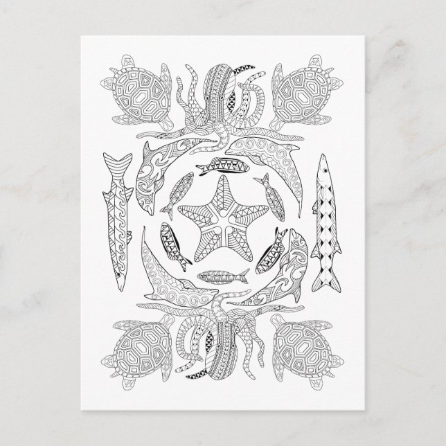 Carte postale adulte de coloration de vie marine (Devant)