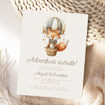 Carte Postale Adventure Await mignon Baby shower de ballon Fox<br><div class="desc">Cette jolie carte postale d'invitation baby shower présente un renard d'aquarelle douce dans une montgolfière rayée,  au-dessus des mots "L'aventure attend!" en écriture taupe. Personnalisez le texte avec le nom de la maman-to-be dans le script et les détails dans la police sans serif sur un arrière - plan beige.</div>