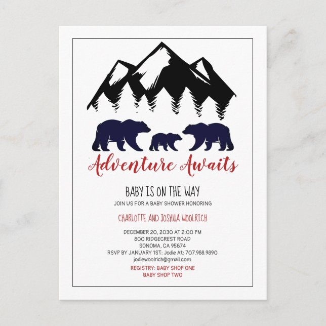 Carte Postale Adventure Await Rustic Woodland Bear Baby shower (Devant)