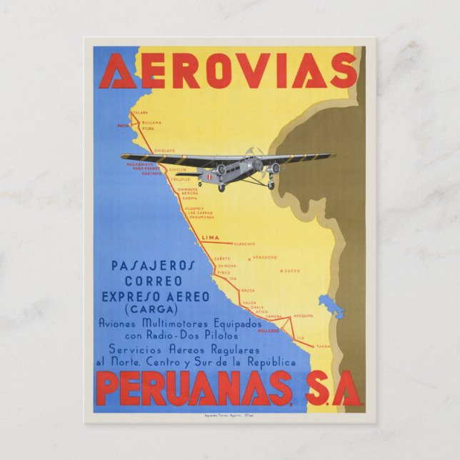 Carte Postale Aerovias Peruanas Pérou Poster vintage 1936 (Devant)