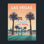 Carte Postale Affiche de bienvenue Las Vegas à Sunset Vintage vo<br><div class="desc">Illustration d'affiche de voyage vintage Retro Las Vegas Nevada qui offre une vue sur le coucher du soleil de l'emblème Welcome To Fabulous Las Vegas Nevada entouré de deux palmiers luxuriants. Un aperçu de la célèbre bande de Las Vegas peut également être vu dans l'arrière - plan. Ce design vintage...</div>