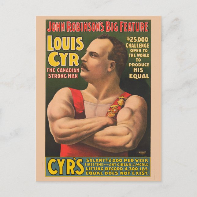 Carte Postale Affiche de cirque montrant Louis Cyr avec les bras (Devant)