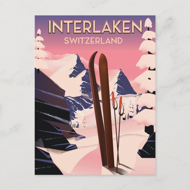 Carte Postale Affiche de voyage de ski à Interlaken Suisse. (Devant)
