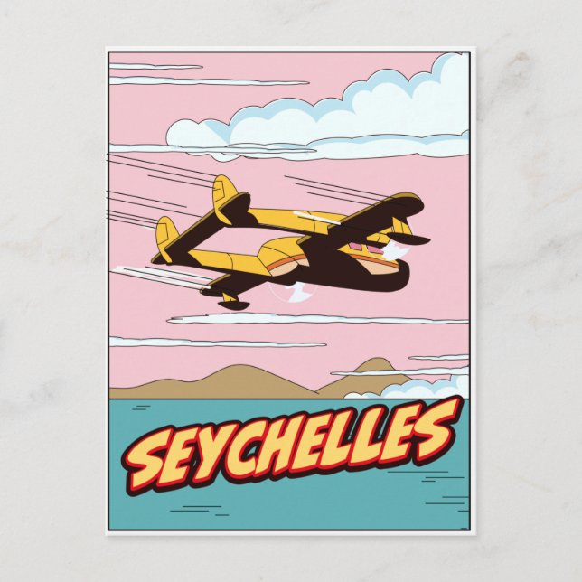 Carte Postale Affiche de voyage dessin animé des Seychelles. (Devant)