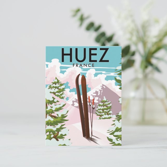 Carte Postale Affiche rétro de ski Huez France (Debout devant)