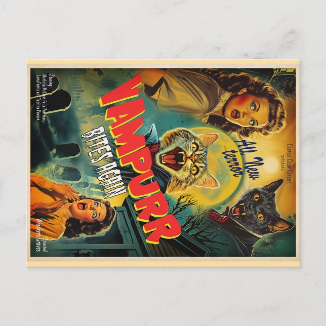 Carte Postale Affiche rétro d'horreur de chat vampire Vampurr (Devant)