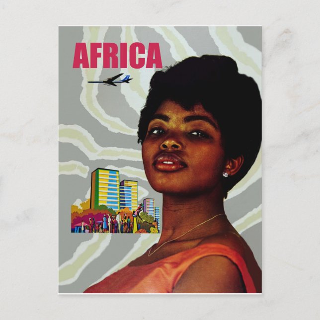 Carte Postale Afrique. Femme africaine et grande ville derrière, (Devant)