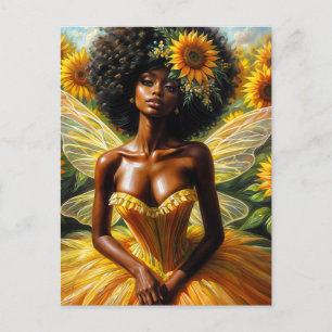Carte Postale Afro Fairy Girl with Dark Skin and Sunflowers