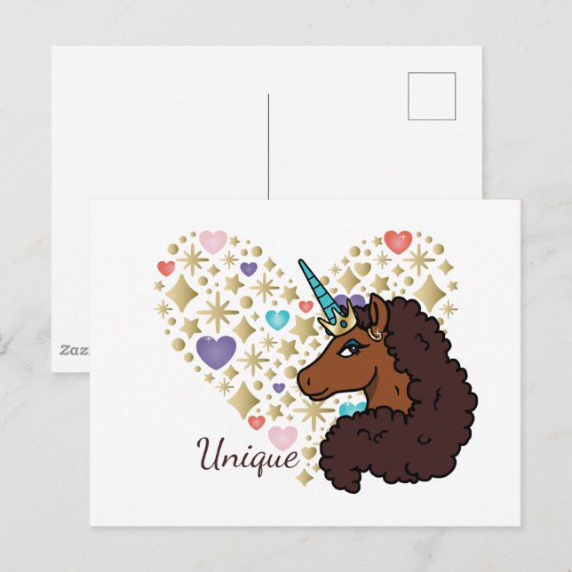 Carte Postale Afro Unicorn | Design cardiaque unique (Devant / Derrière)