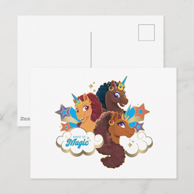 Carte Postale Afro Unicorn "Fabriqué en magie" Trio Design (Devant / Derrière)