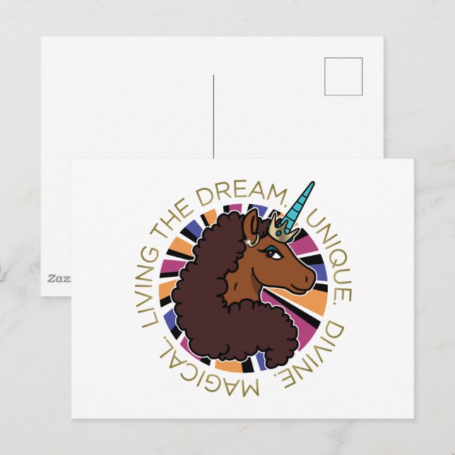Carte Postale Afro Unicorn Living the Dream Design (Devant / Derrière)