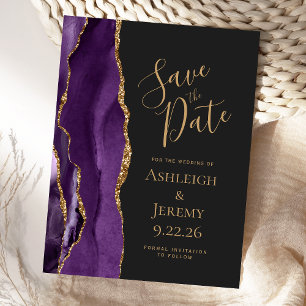 Carte Postale Agate moderne violet or foncé Enregistrer la date
