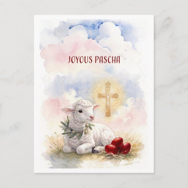 Carte Postale Agneau joyeux de Pâques, œufs rouges et croix (Devant)