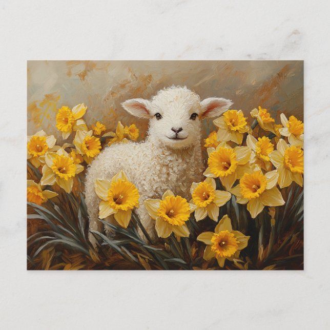 Carte Postale Agneau mignon avec Daffodils Jaunes Peinture (Devant)