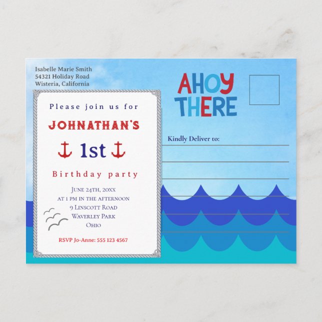 Carte Postale Ahoy There Nautical Theme 1st Birthday Party  Post (Dos)